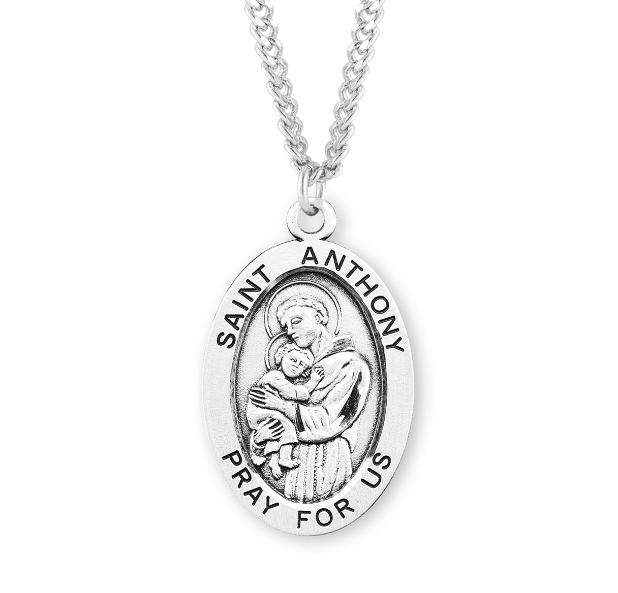 Patron Saint Anthony Oval Sterling Silver Medal Pendant with Chain | .925 Silver