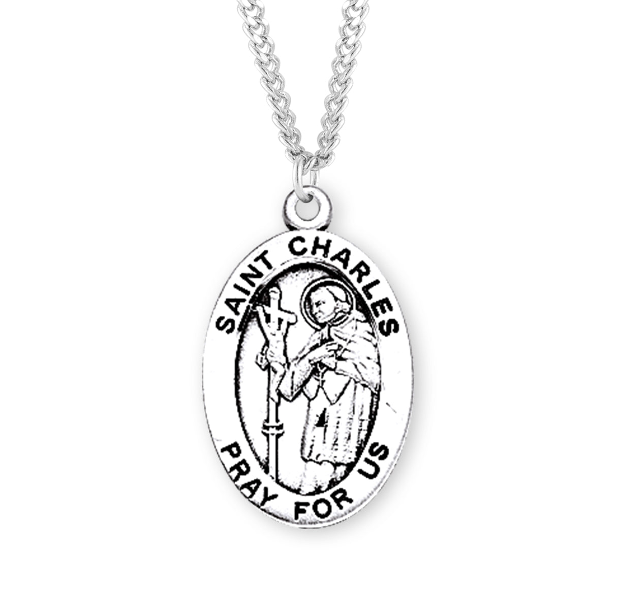 Patron Saint Charles Oval Sterling Silver Medal Pendant with Chain | .925 Silver