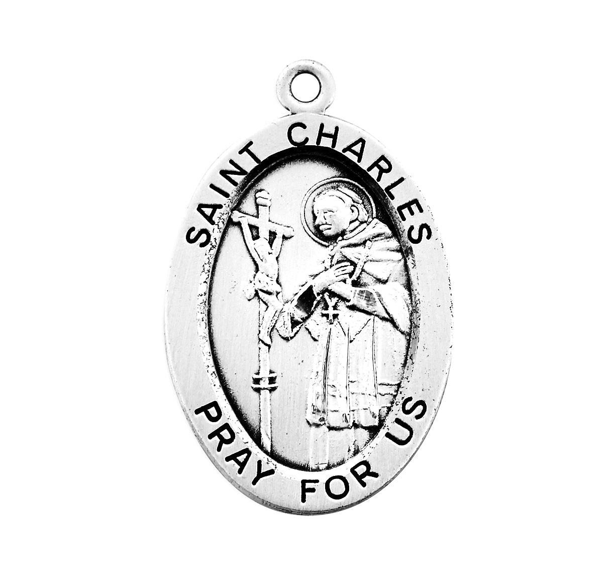 Patron Saint Charles Oval Sterling Silver Medal Pendant with Chain | .925 Silver
