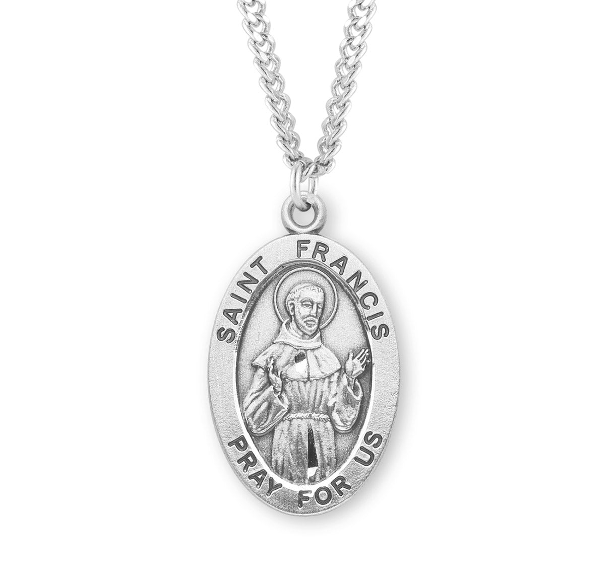 Patron Saint Francis of Assisi Oval Sterling Silver Medal Pendant with Chain | .925 Silver
