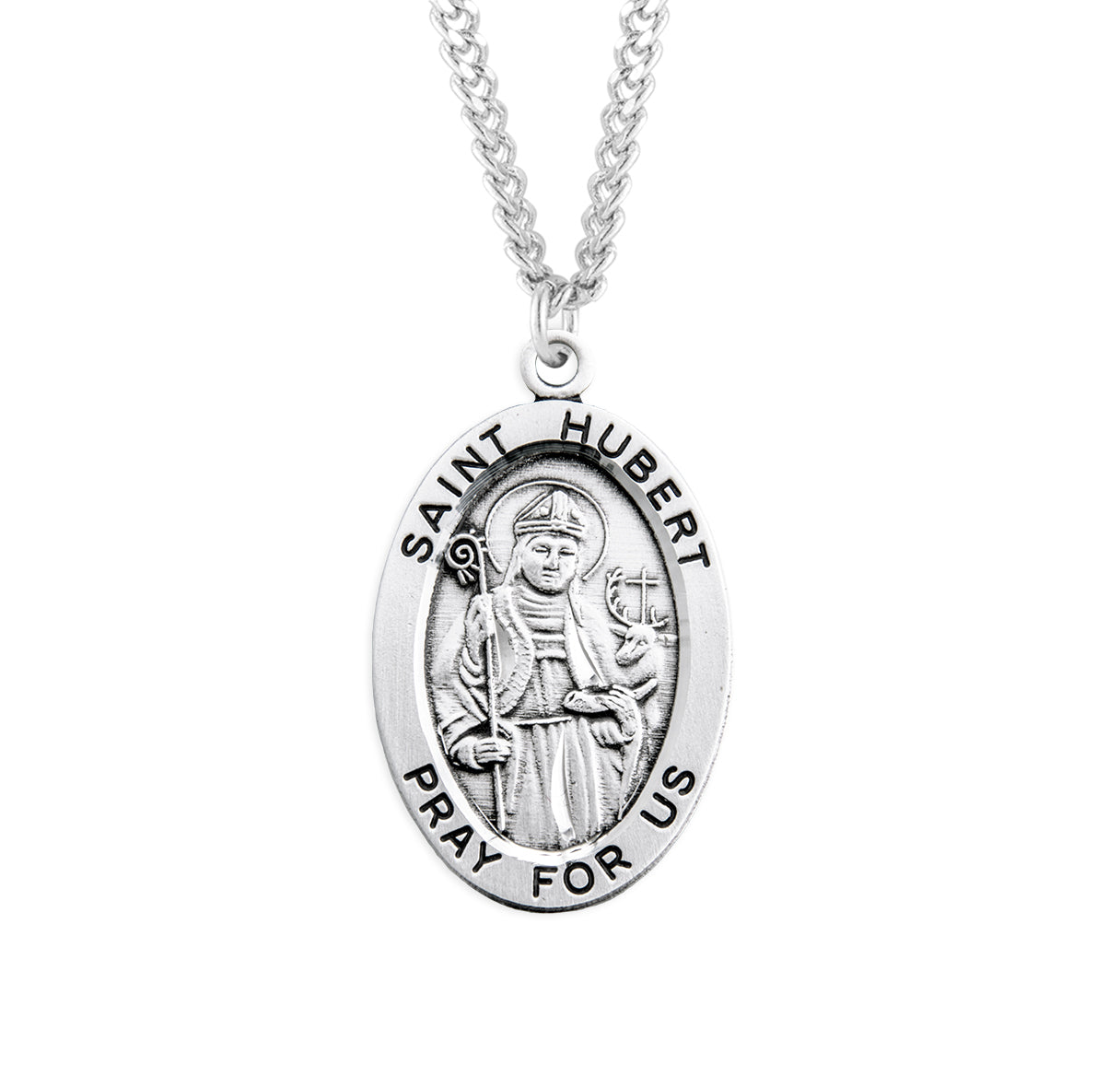 Patron Saint Hubert Oval Sterling Silver Medal Pendant with Chain | .925 Silver