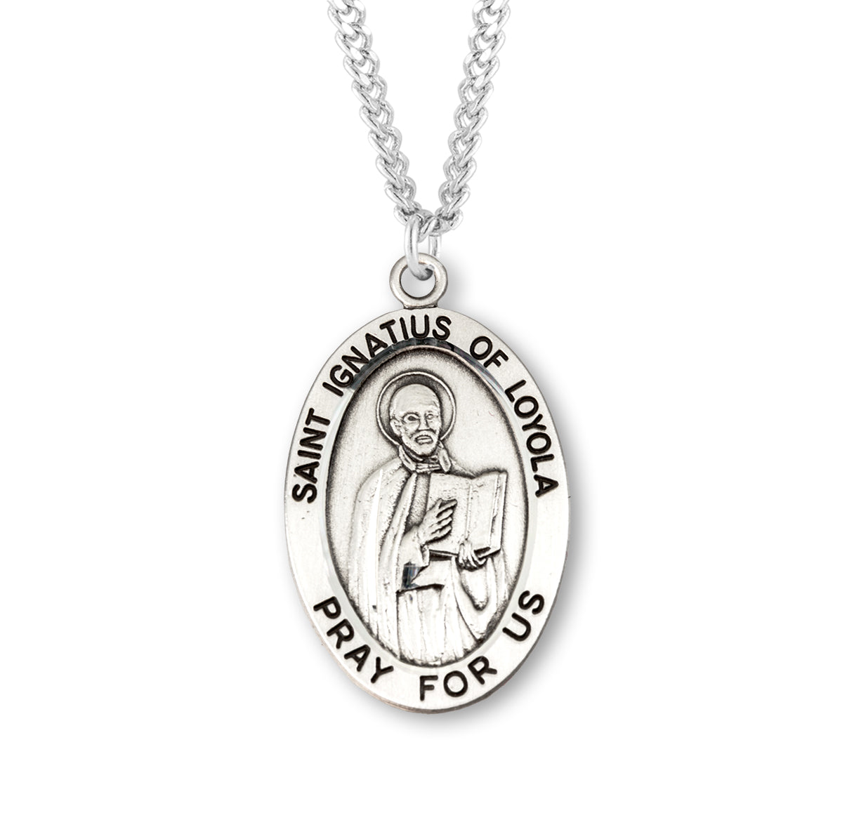 Patron Saint Ignatius of Loyola Oval Sterling Silver Medal Pendant with Chain | .925 Silver
