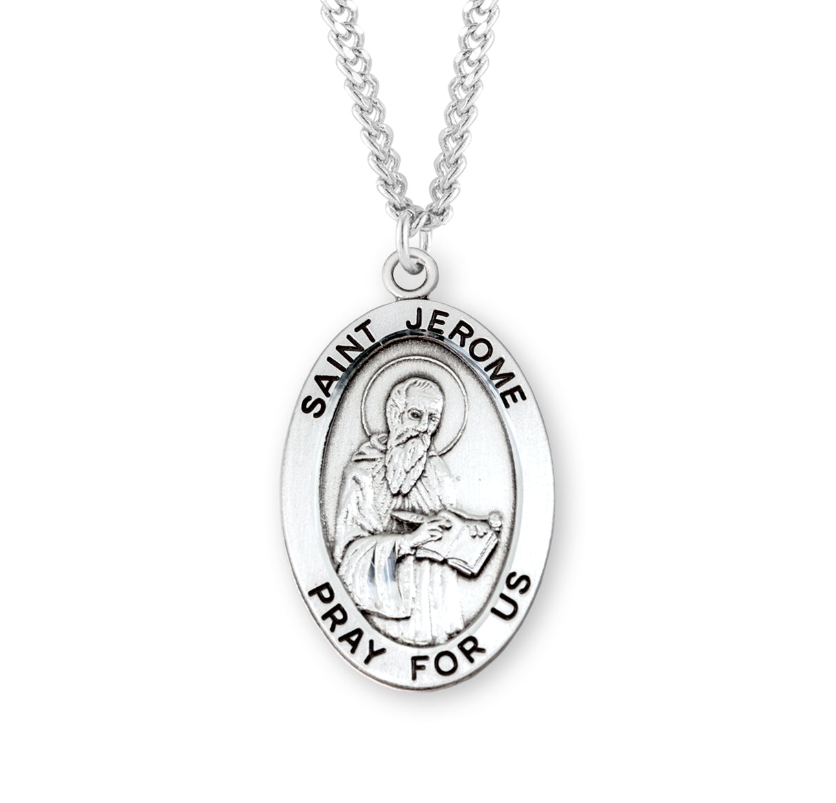 Patron Saint Jerome Oval Sterling Silver Medal Pendant with Chain | .925 Silver