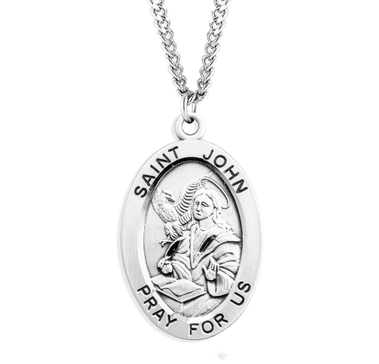 Patron Saint John the Evangelist Oval Sterling Silver Medal Pendant with Chain | .925 Silver