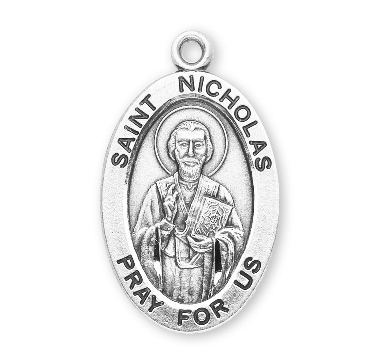 Patron Saint Nicholas Oval Sterling Silver Medal Pendant with Chain | .925 Silver
