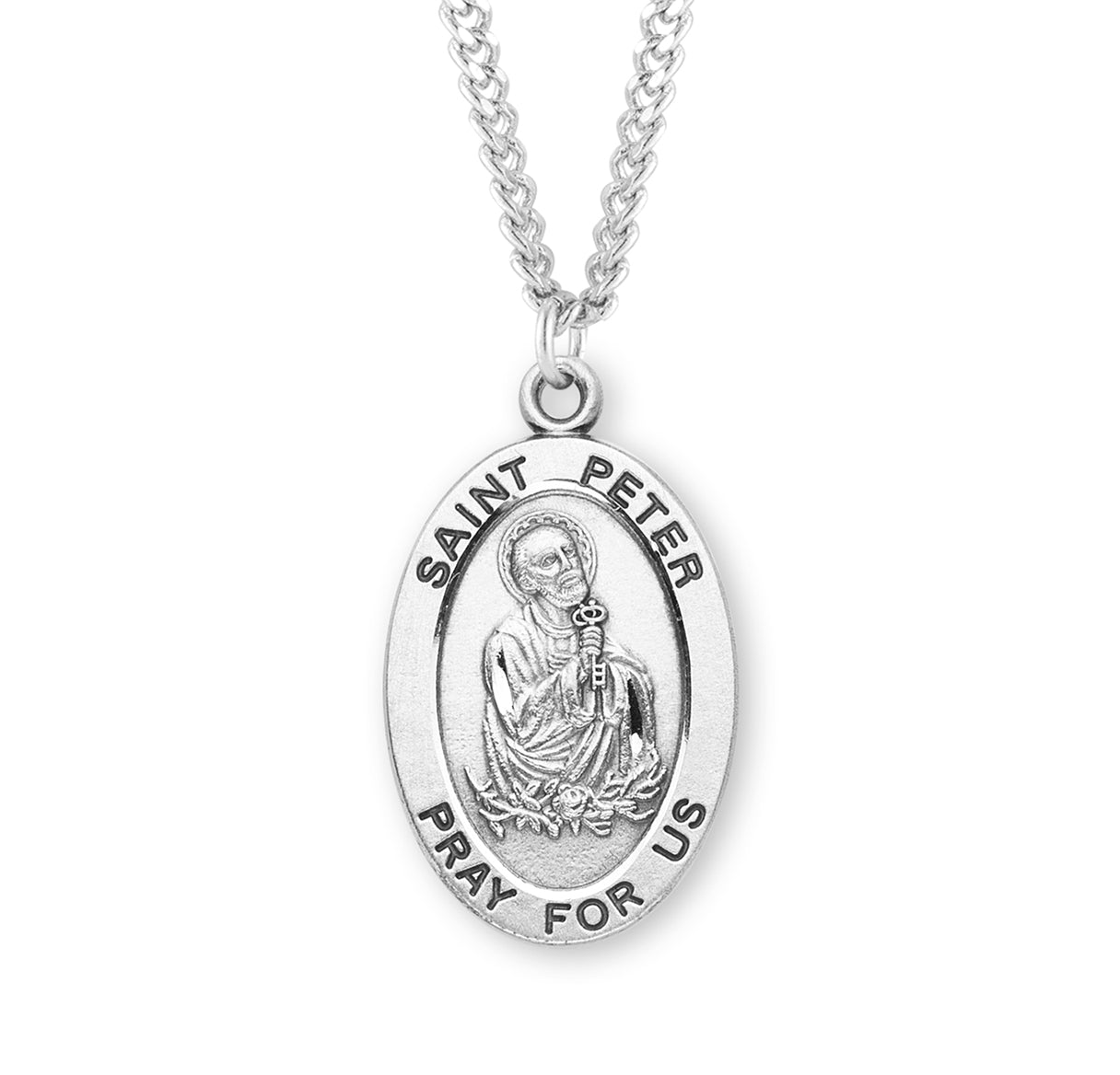Patron Saint Peter Oval Sterling Silver Medal Pendant with Chain | .925 Silver