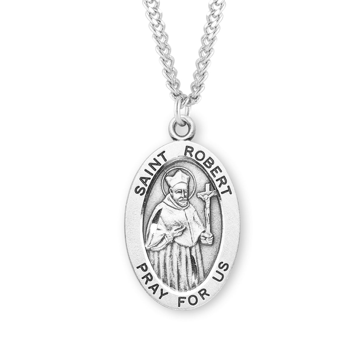Patron Saint Robert Oval Sterling Silver Medal Pendant with Chain | .925 Silver