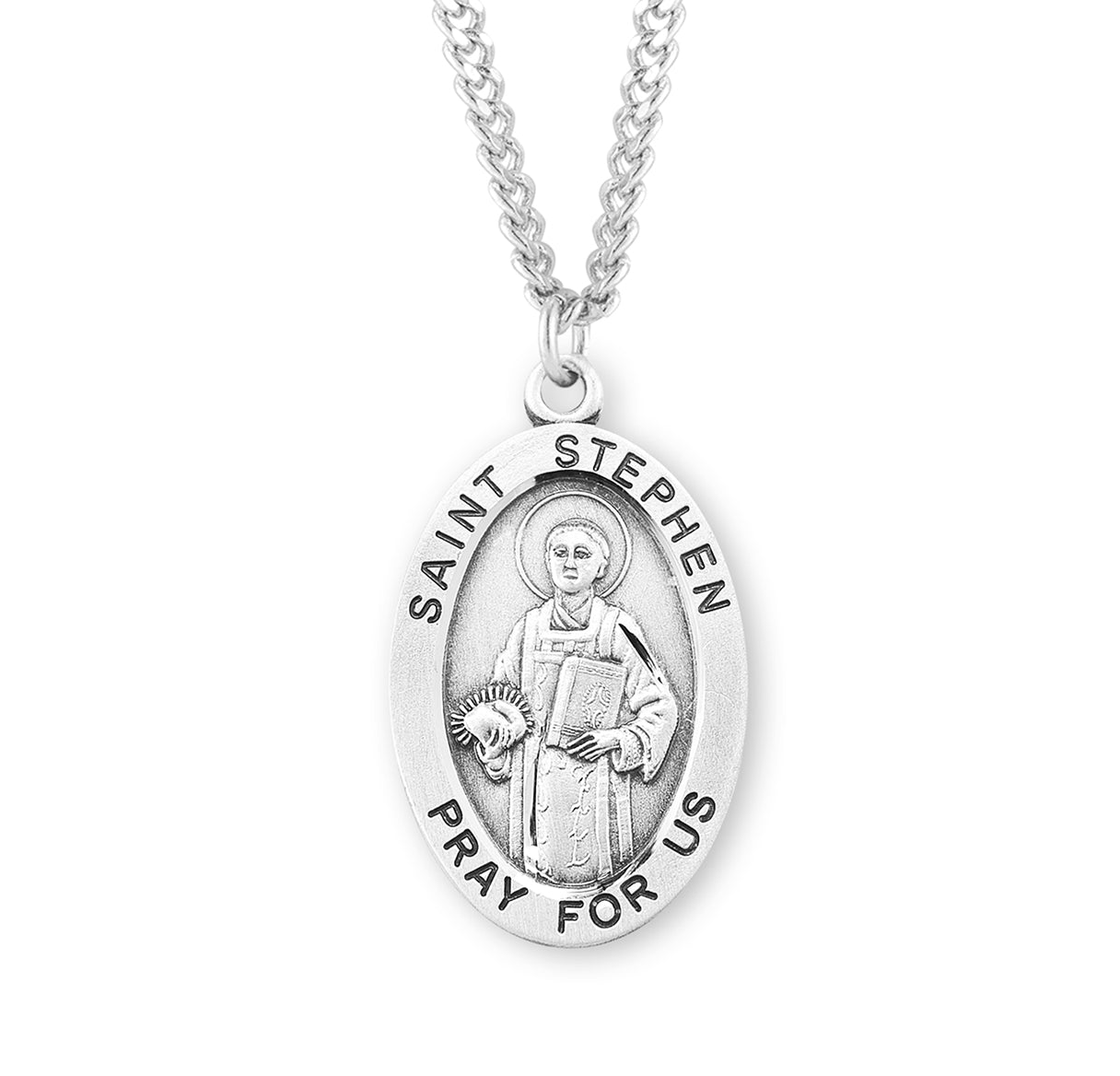 Patron Saint Stephen Oval Sterling Silver Medal Pendant with Chain | .925 Silver