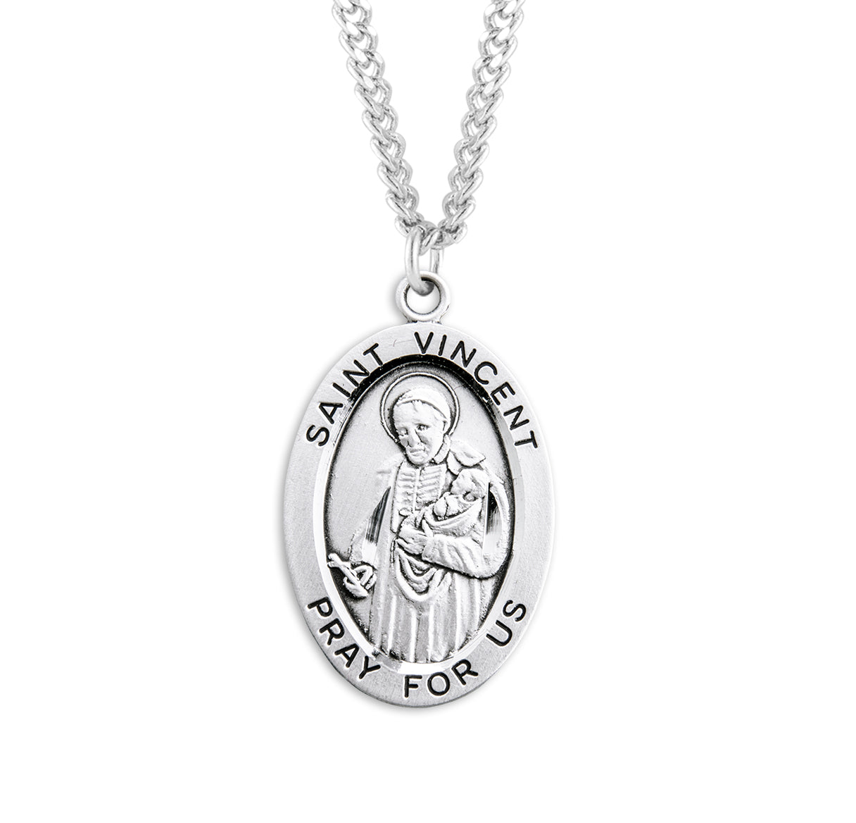 Patron Saint Vincent de Paul Oval Sterling Silver Medal Pendant with Chain | .925 Silver