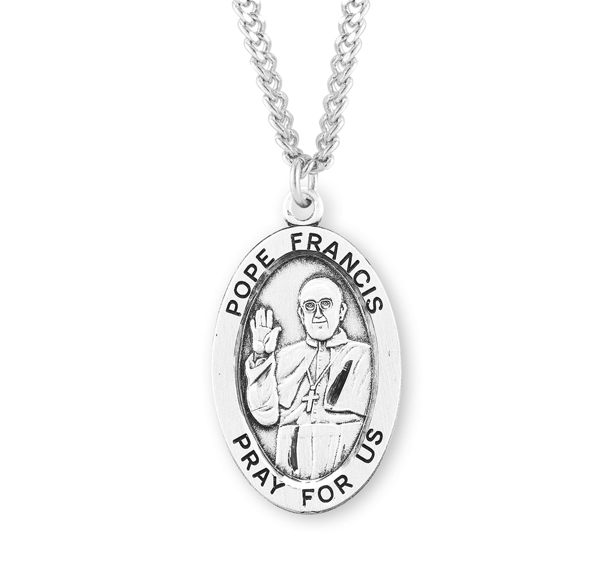 Pope Francis Oval Sterling Silver Medal Pendant with Chain | .925 Silver