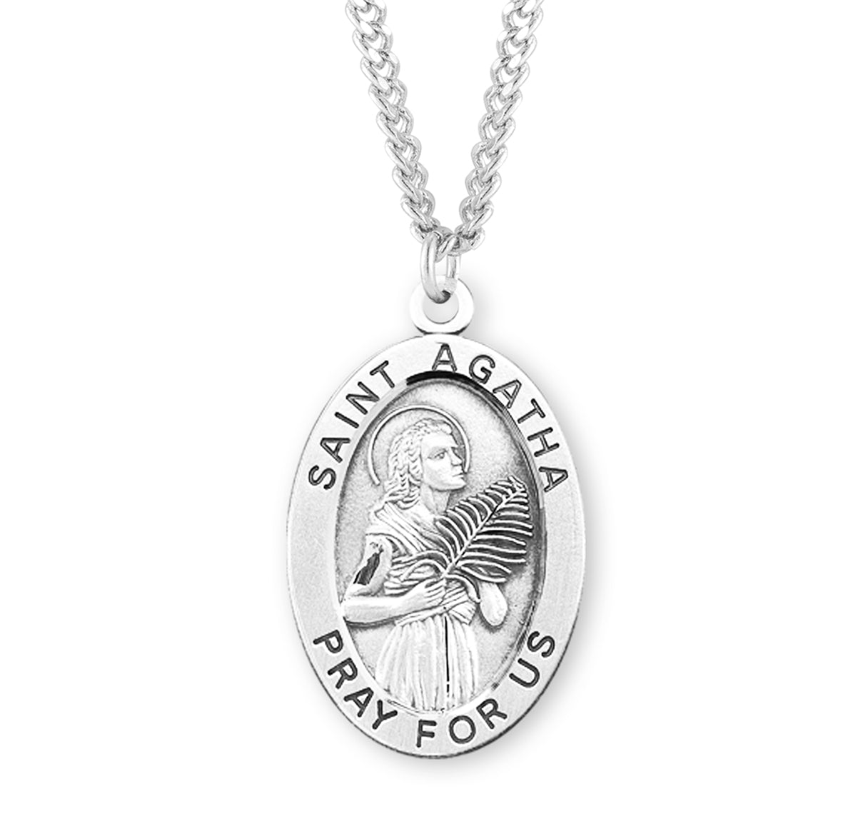 Patron Saint Agatha Oval Sterling Silver Medal Pendant with Chain | .925 Silver