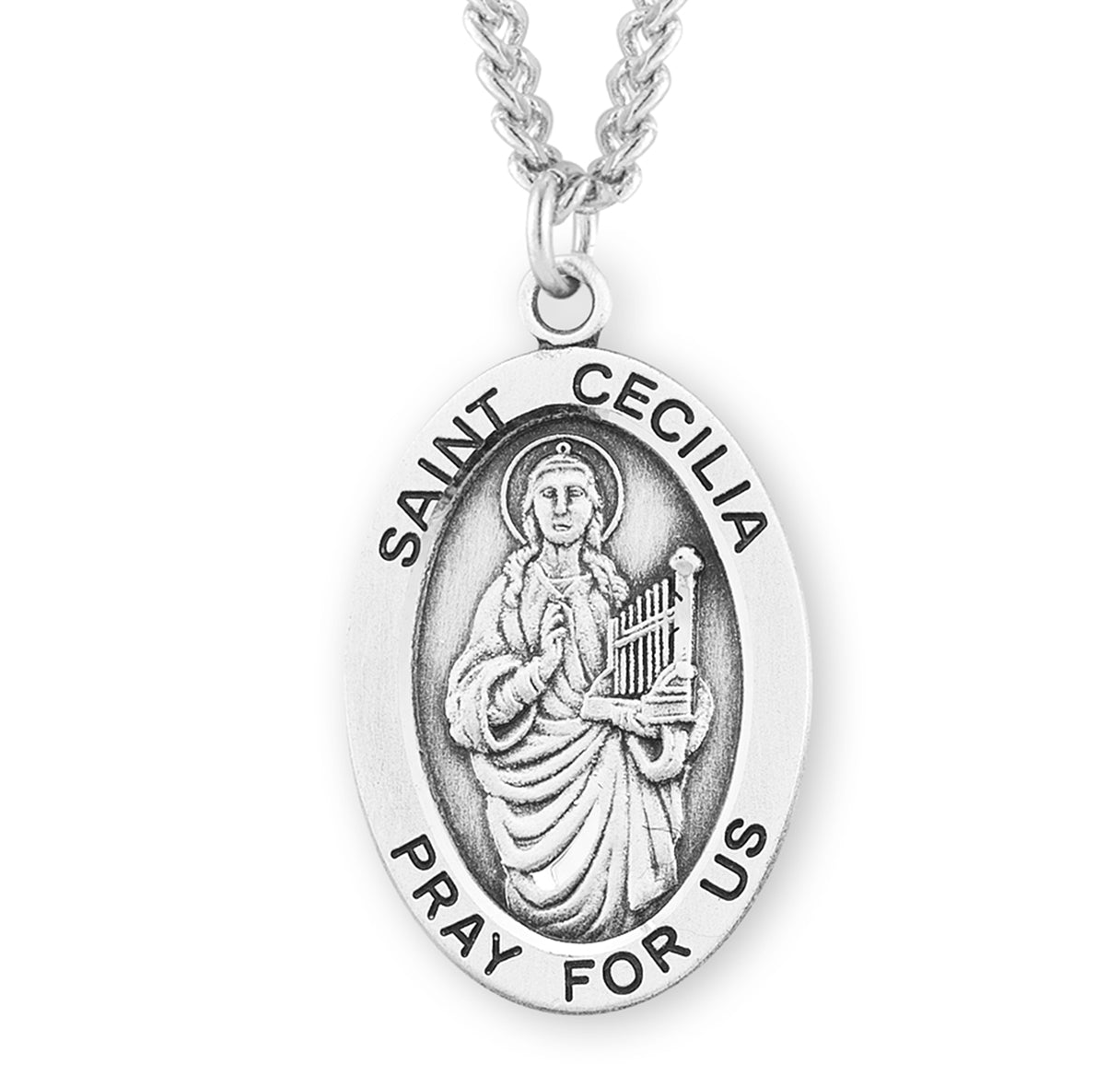 Patron Saint Cecilia Oval Sterling Silver Medal Pendant with Chain | .925 Silver