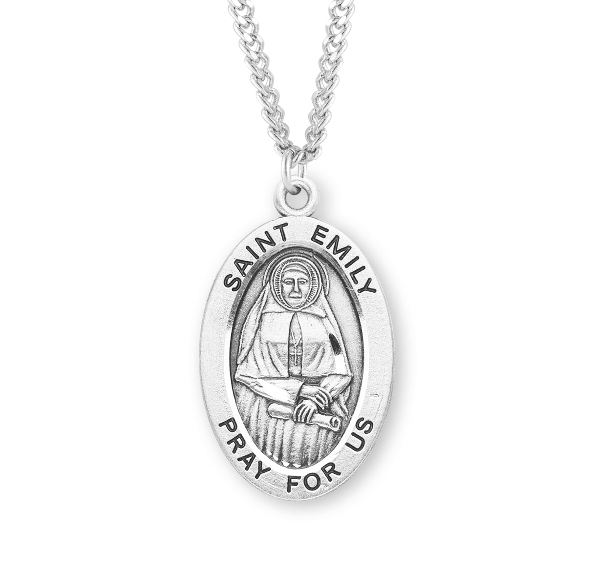 Patron Saint Emily Oval Sterling Silver Medal Pendant with Chain | .925 Silver