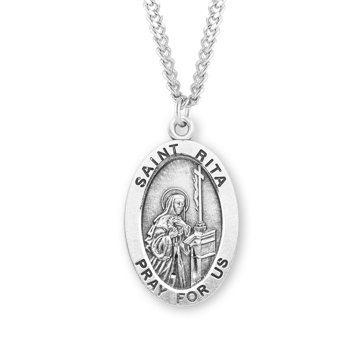 Patron Saint Rita Oval Sterling Silver Medal Pendant with Chain | .925 Silver