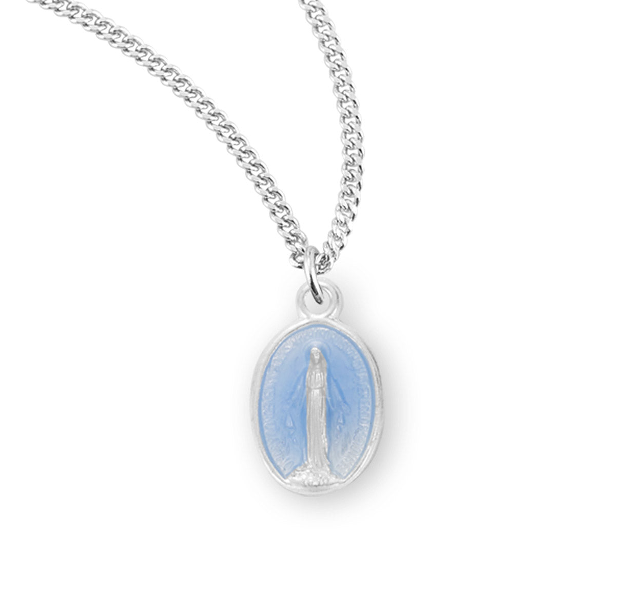 Sterling Silver Oval Blue Enameled Miraculous Medal Pendant with Chain | .925 Silver