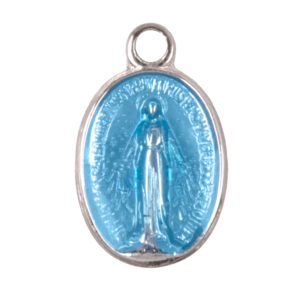 Sterling Silver Oval Blue Enameled Miraculous Medal Pendant with Chain | .925 Silver