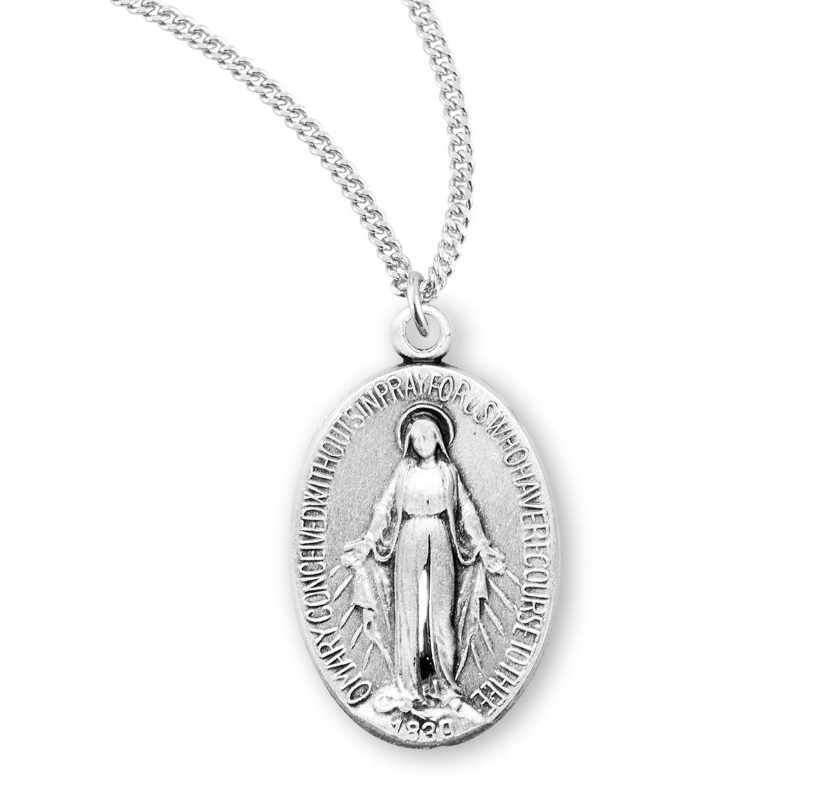 Sterling Silver Oval Miraculous Medal Pendant with Chain | .925 Silver