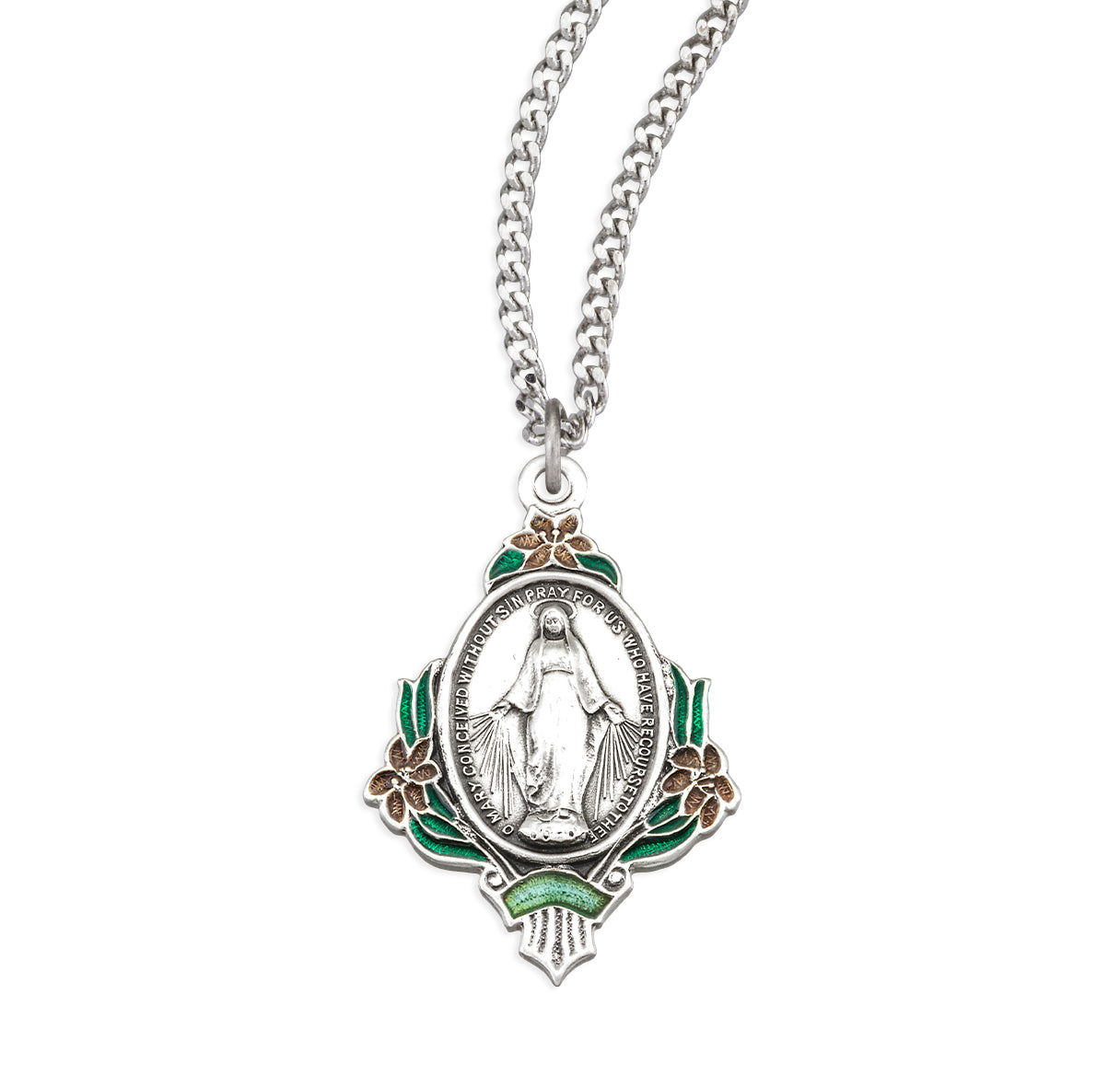 Sterling Silver Miraculous Medal with Pink Epoxy Flowers Necklace | .925 Silver