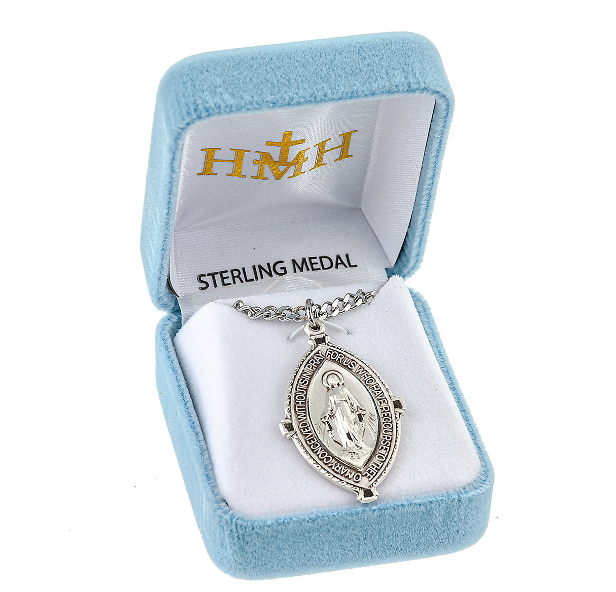 Sterling Silver Double Pointed Oval Miraculous Medal Pendant with Chain | .925 Silver