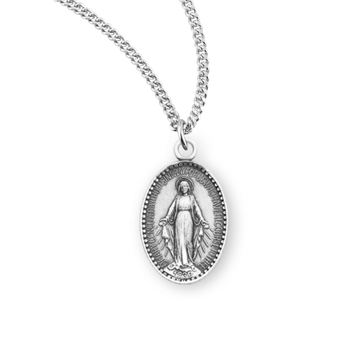 Sterling Silver Oval Miraculous Medal Pendant with Chain | .925 Silver