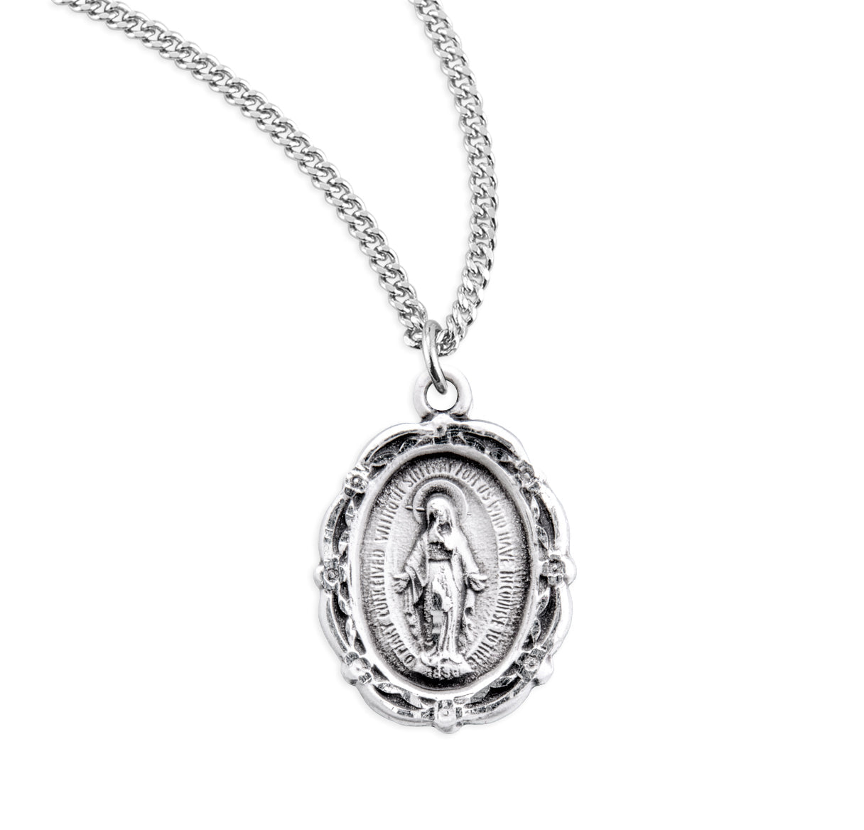 Sterling Silver Oval Miraculous Medal Pendant with Chain | .925 Silver