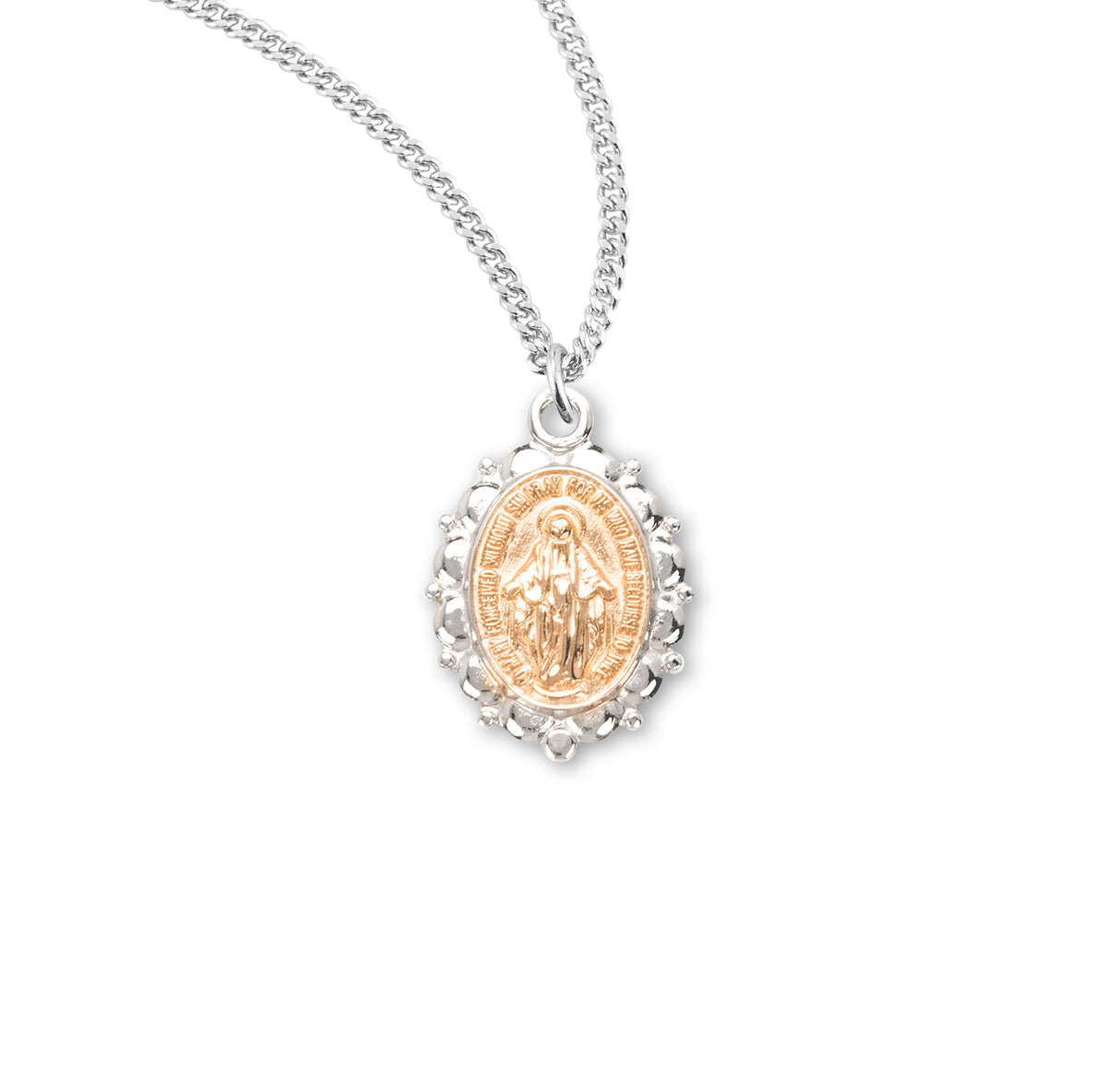Sterling Silver Oval Two-Tone Miraculous Medal Pendant with Chain | .925 Silver