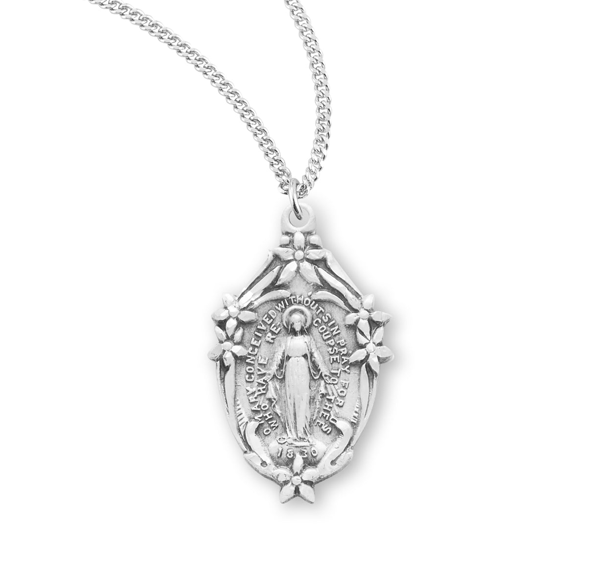 Sterling Silver Ornate Miraculous Medal Pendant with Chain | .925 Silver