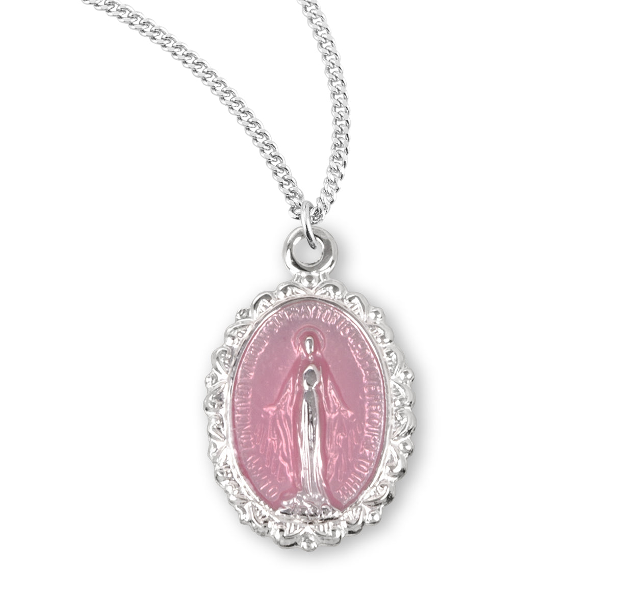 Sterling Silver Oval Pink Enameled Miraculous Medal Pendant with Chain | .925 Silver