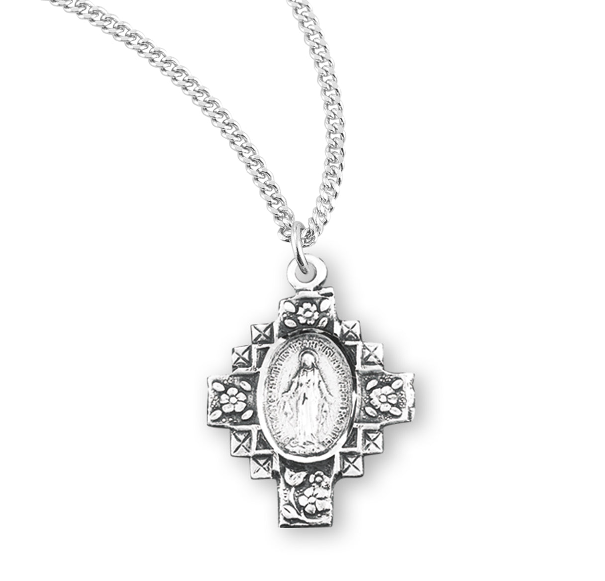 Sterling Silver Flowered Cross Miraculous Medal Pendant with Chain | .925 Silver