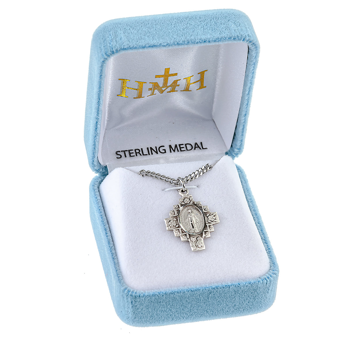 Sterling Silver Flowered Cross Miraculous Medal Pendant with Chain | .925 Silver