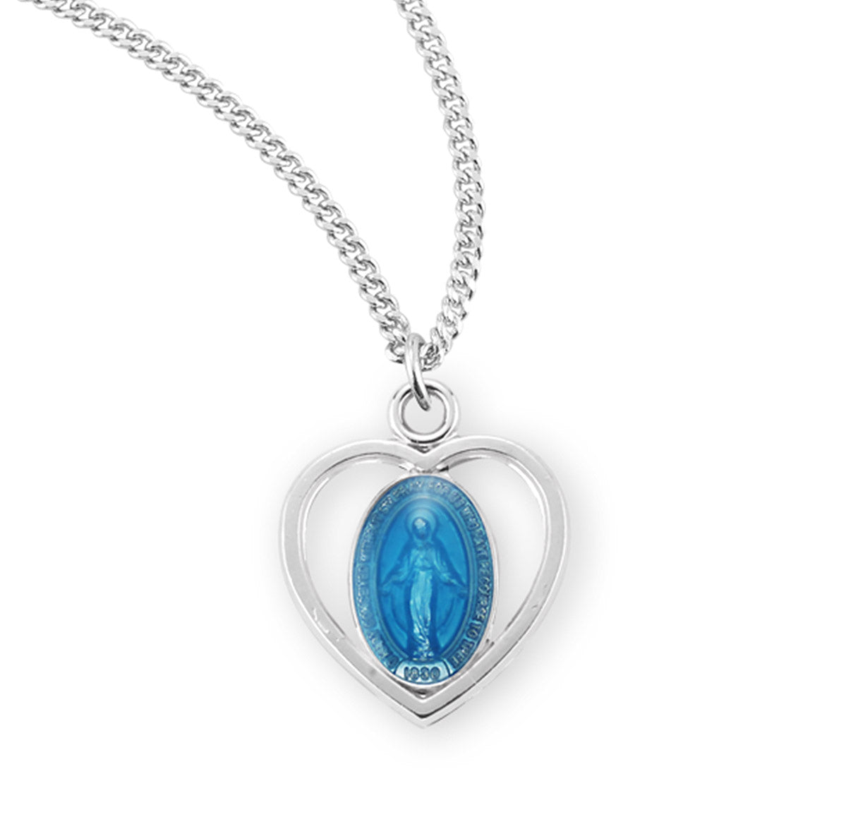 Sterling Silver Blue Enameled Miraculous Medal Pendant with Chain | .925 Silver