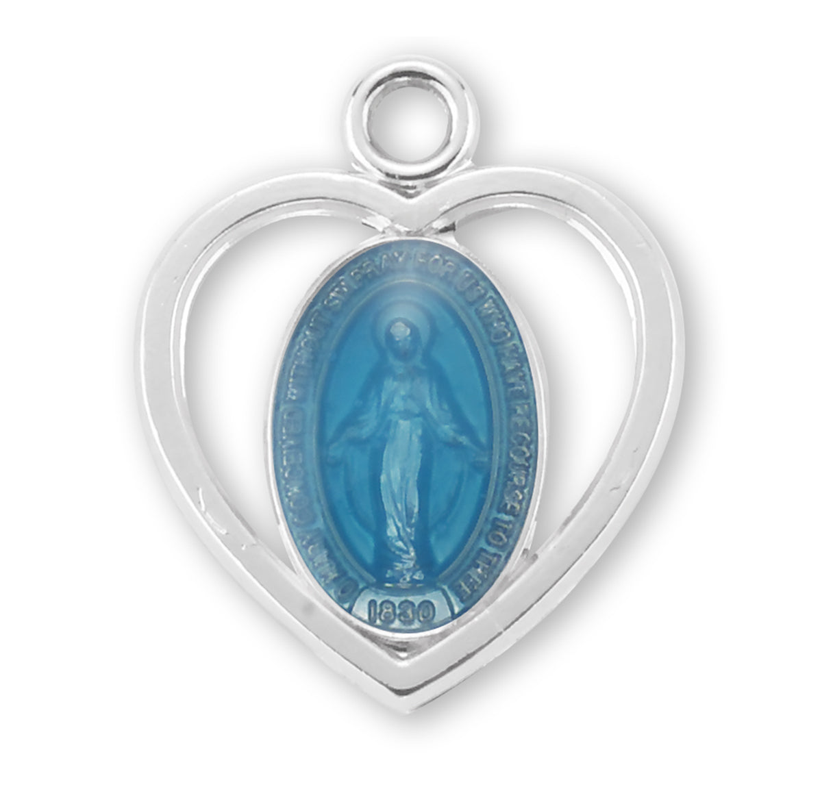 Sterling Silver Blue Enameled Miraculous Medal Pendant with Chain | .925 Silver