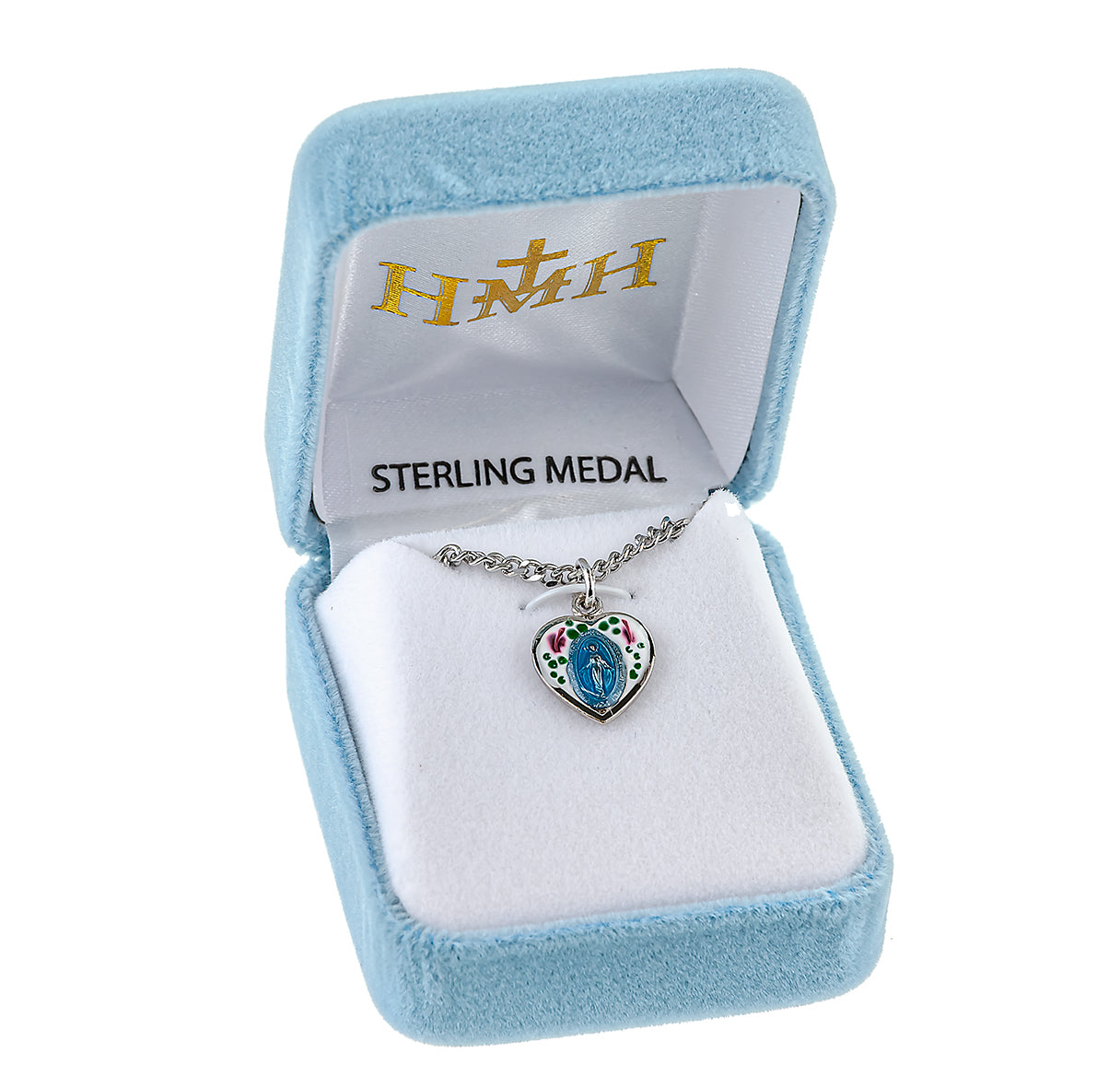 Sterling Silver Flower Enameled Heart Shape Miraculous Medal Pendant with Chain | .925 Silver