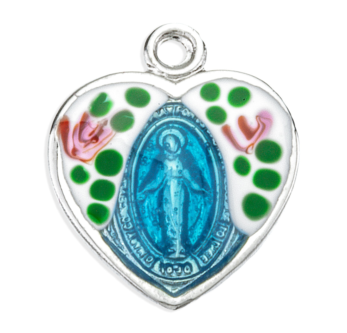 Sterling Silver Flower Enameled Heart Shape Miraculous Medal Pendant with Chain | .925 Silver