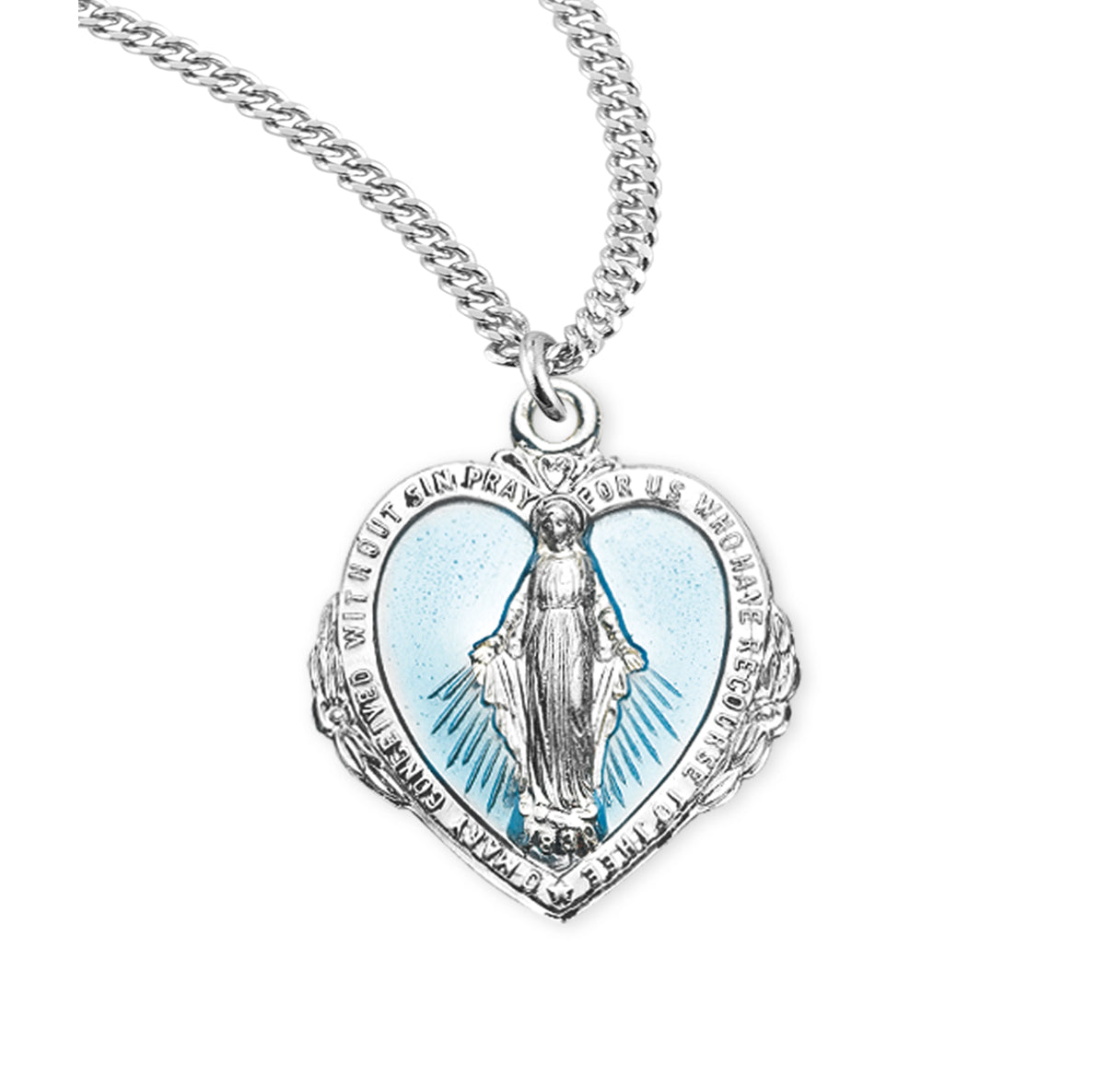 Sterling Silver Blue Enameled Heart Shape Miraculous Medal Pendant with Chain | .925 Silver