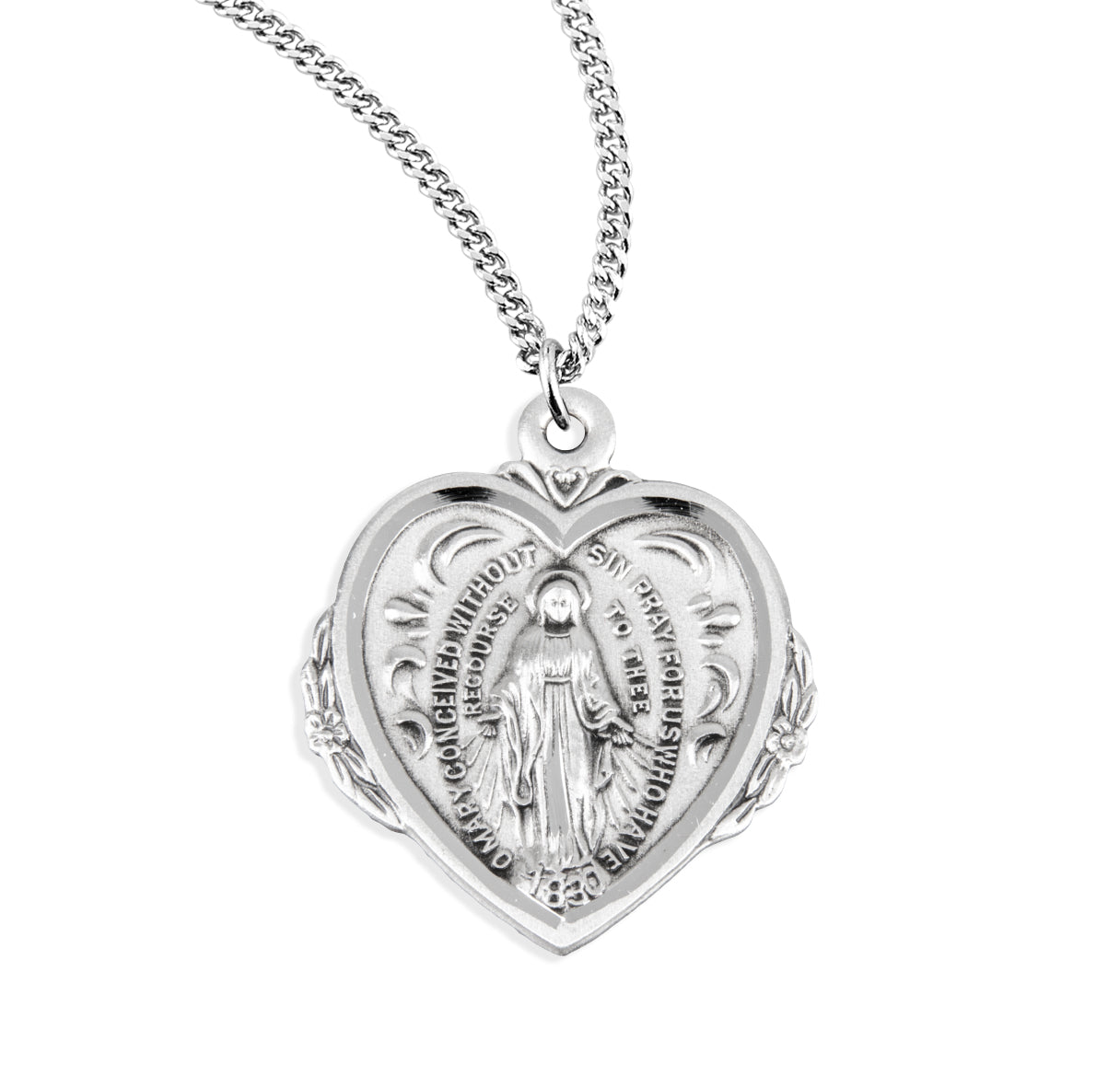 Sterling Silver Heart Shape Miraculous Medal Pendant with Chain | .925 Silver