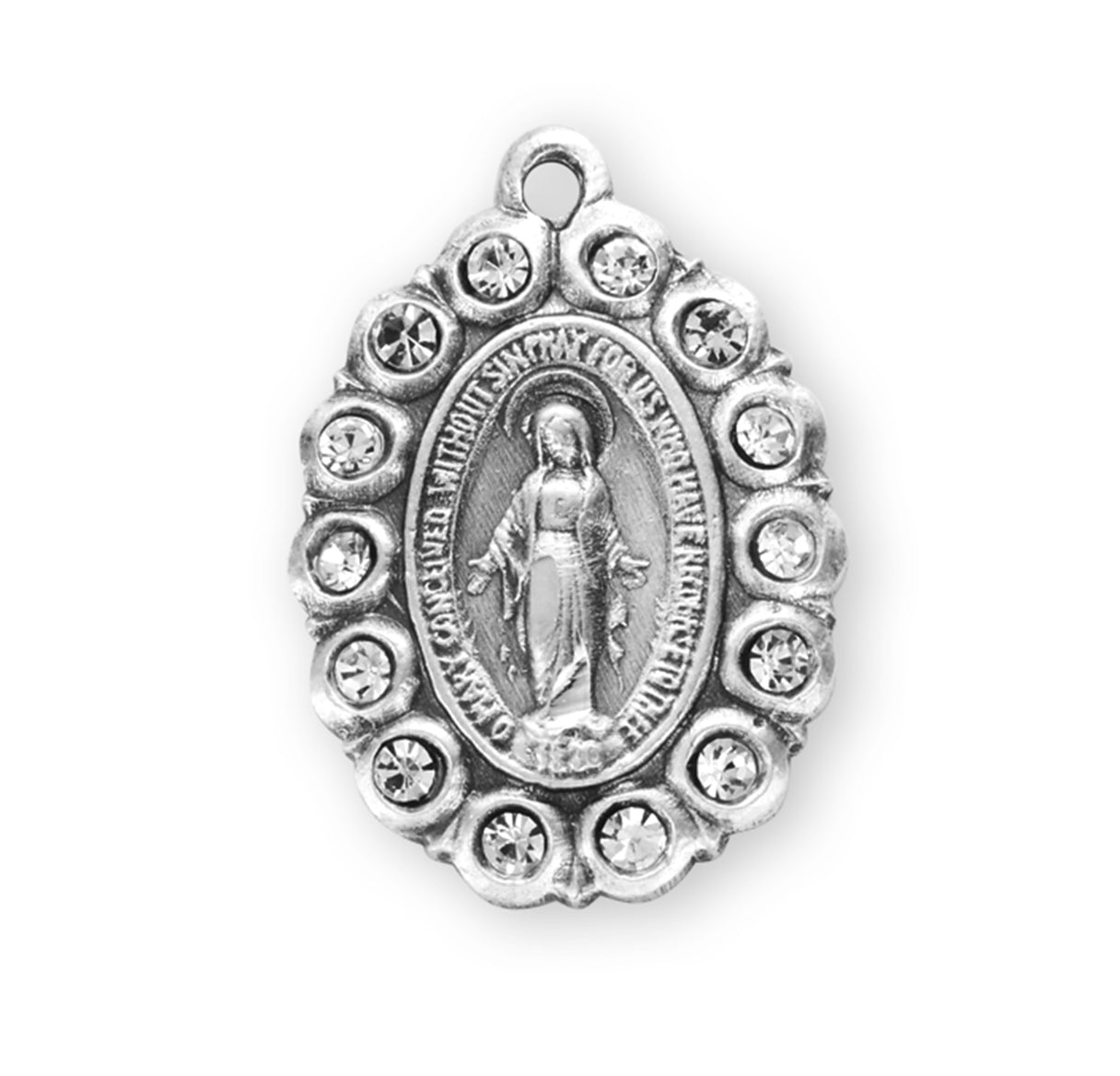 Sterling Silver Oval Miraculous Medal Pendant with Chain Set with Clear Crystals | .925 Silver
