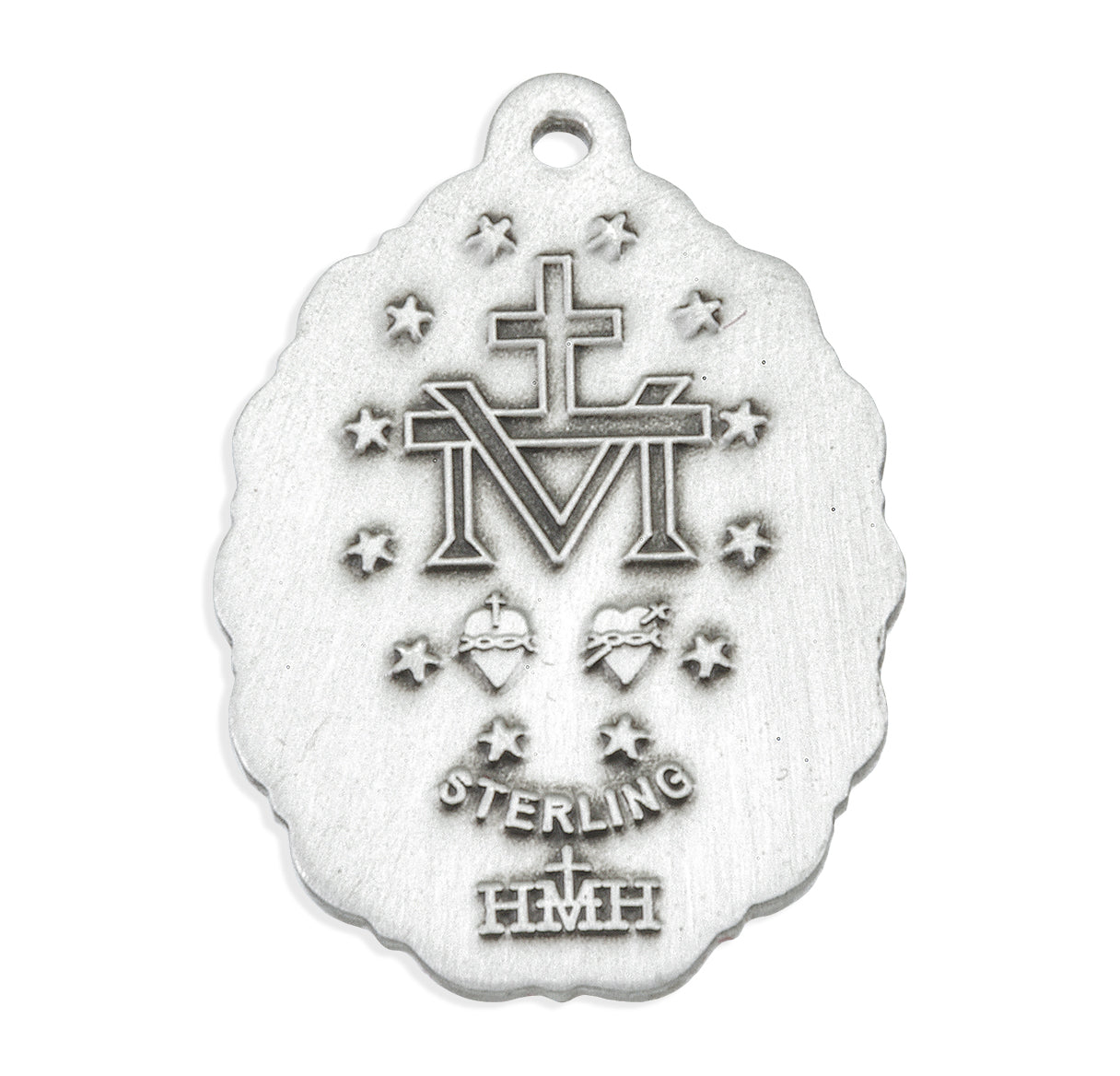 Sterling Silver Oval Miraculous Medal Pendant with Chain Set with Light Sapphire Crystals | .925 Silver