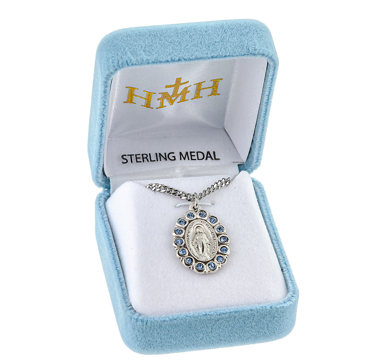 Sterling Silver Oval Miraculous Medal Pendant with Chain Set with Light Sapphire Crystals | .925 Silver