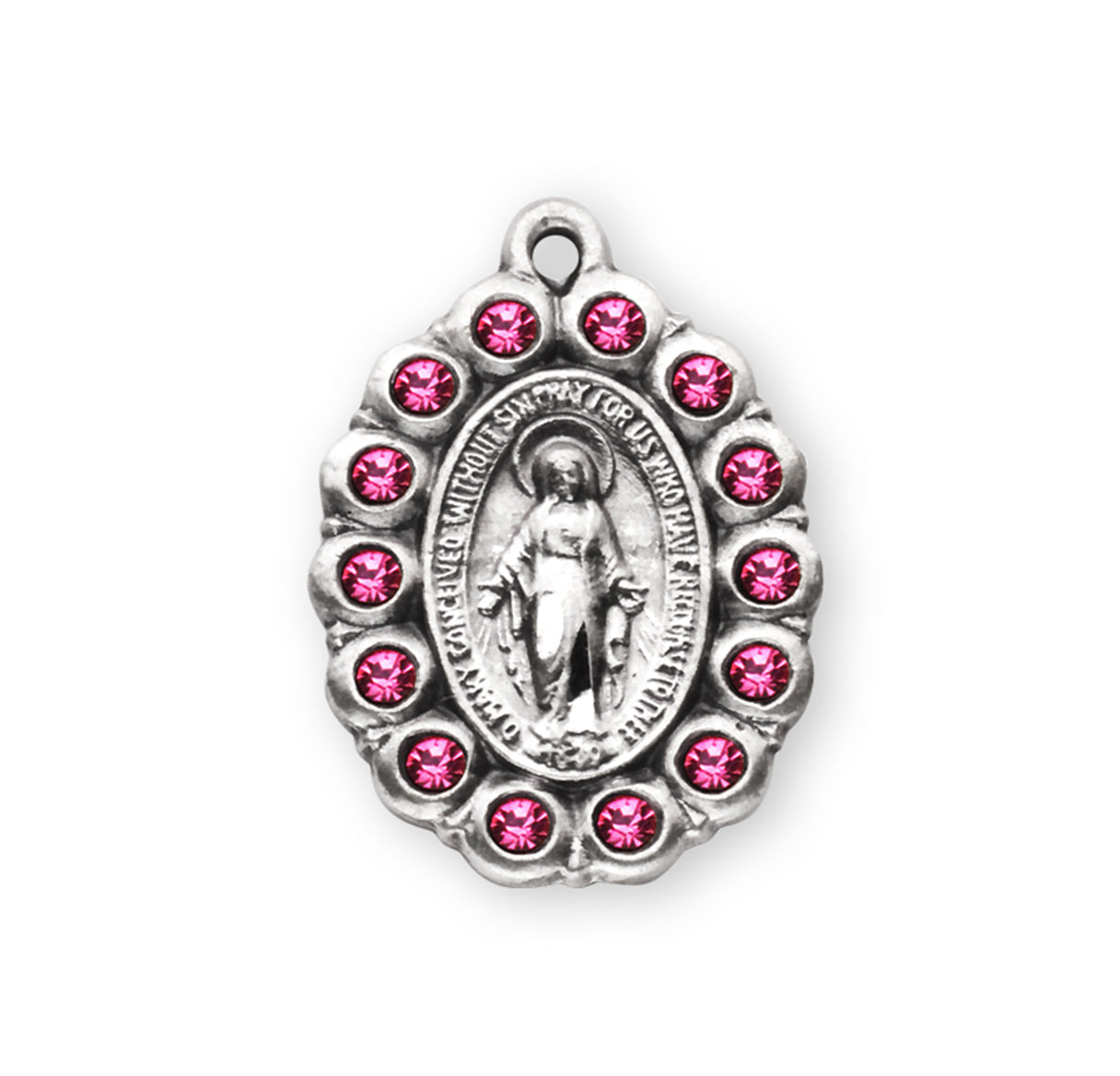 Sterling Silver Oval Miraculous Medal Pendant with Chain Set with Pink Crystals | .925 Silver