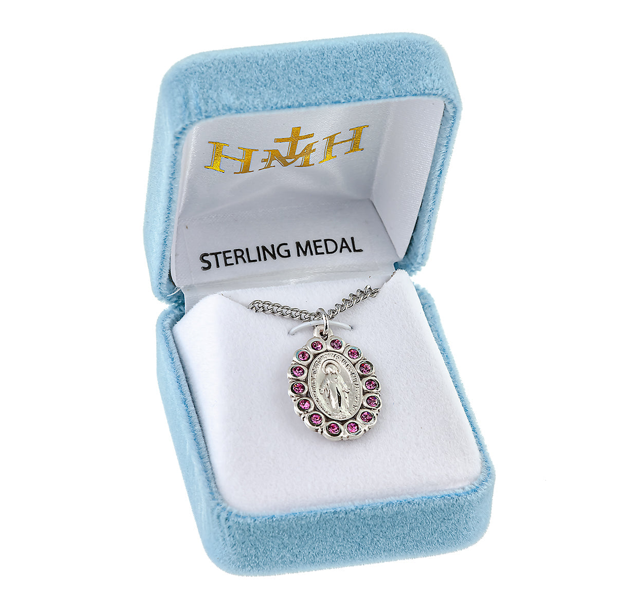 Sterling Silver Oval Miraculous Medal Pendant with Chain Set with Pink Crystals | .925 Silver