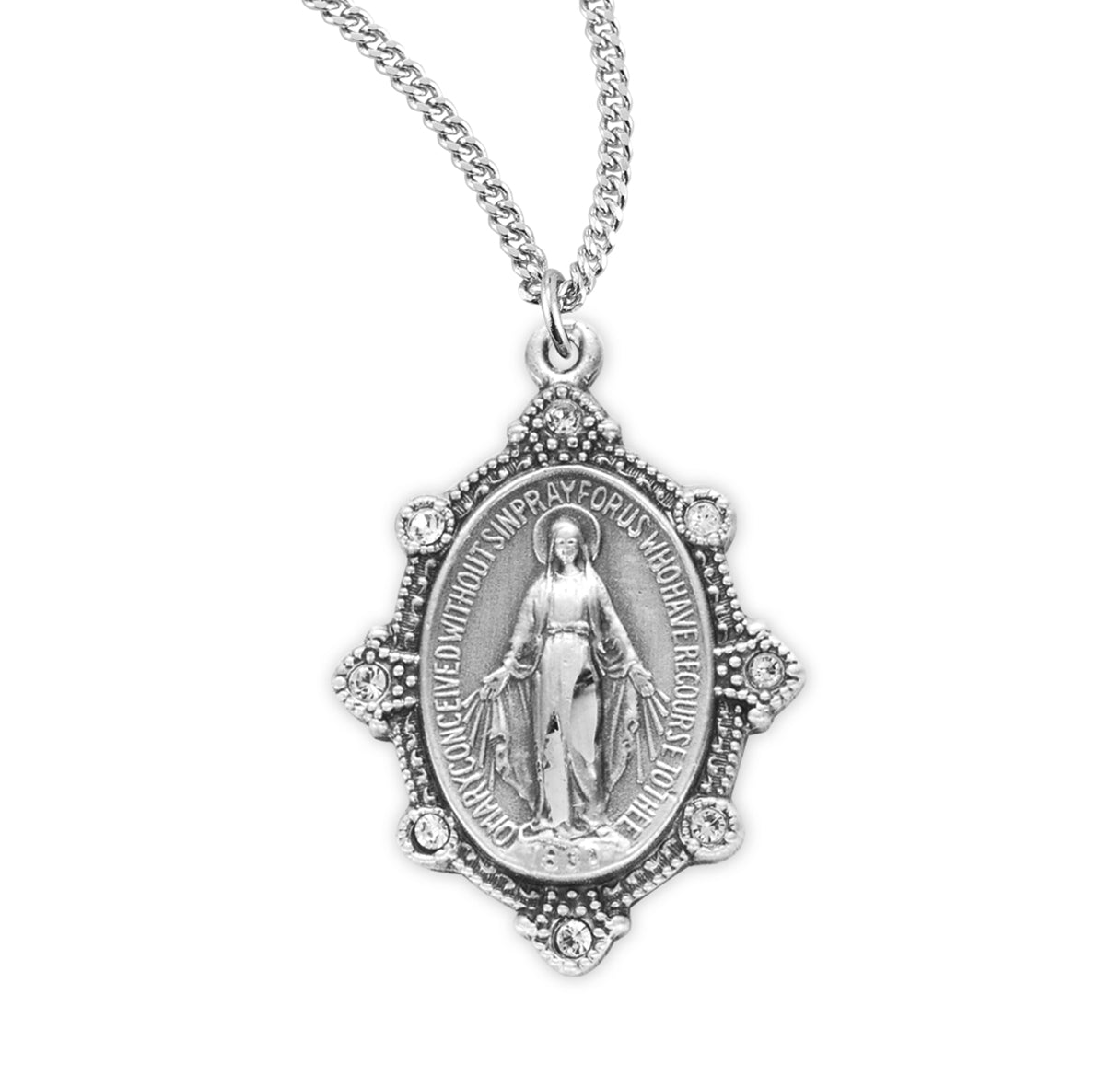 Sterling Silver Oval Miraculous Medal Pendant with Chain Set with Clear Crystals | .925 Silver