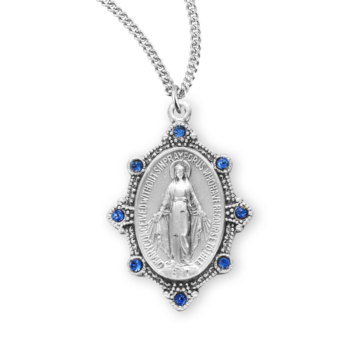 Sterling Silver Oval Miraculous Medal Pendant with Chain Set with Light Sapphire Crystals | .925 Silver