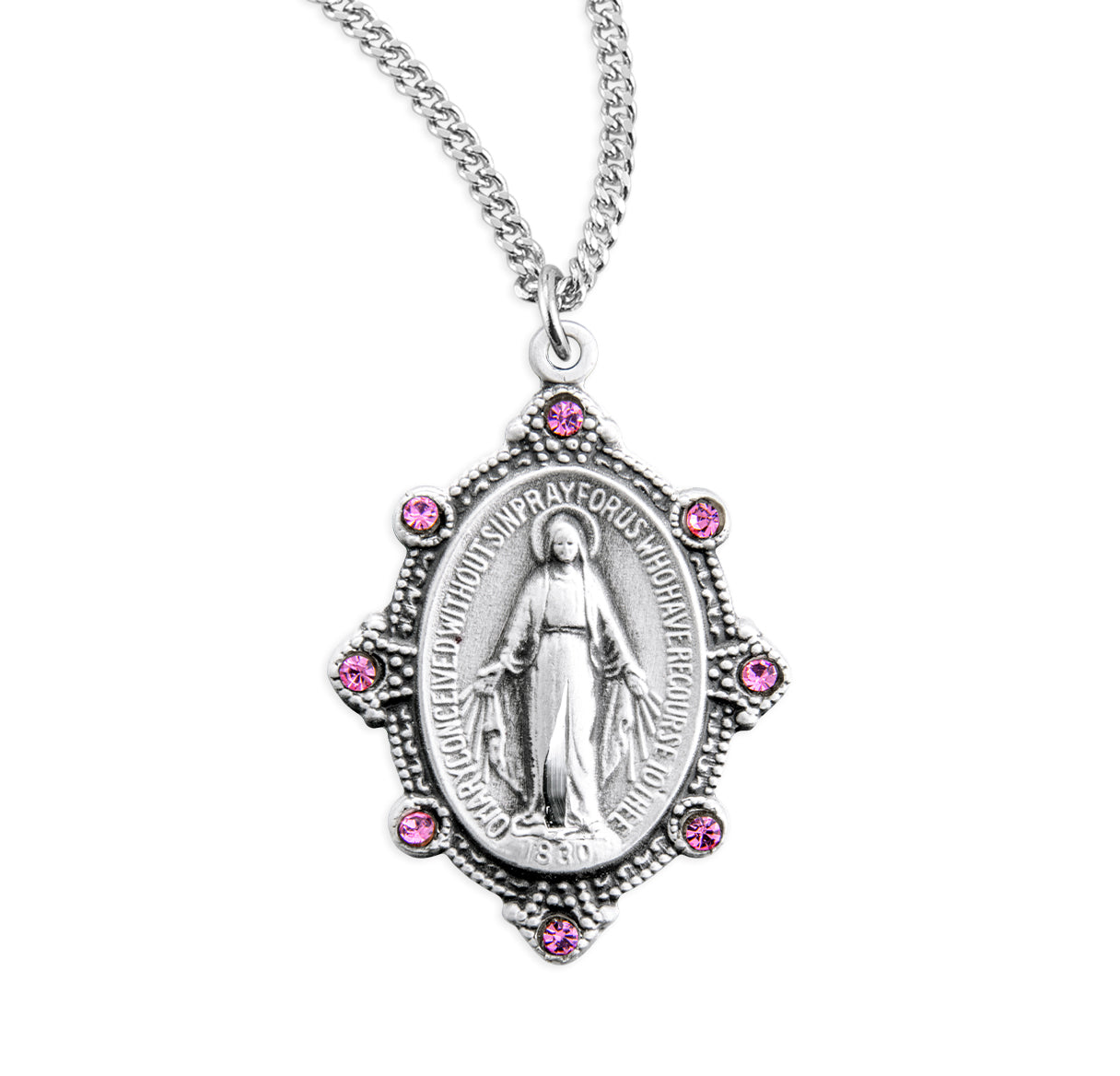 Sterling Silver Oval Miraculous Medal Pendant with Chain Set with Pink Crystals | .925 Silver