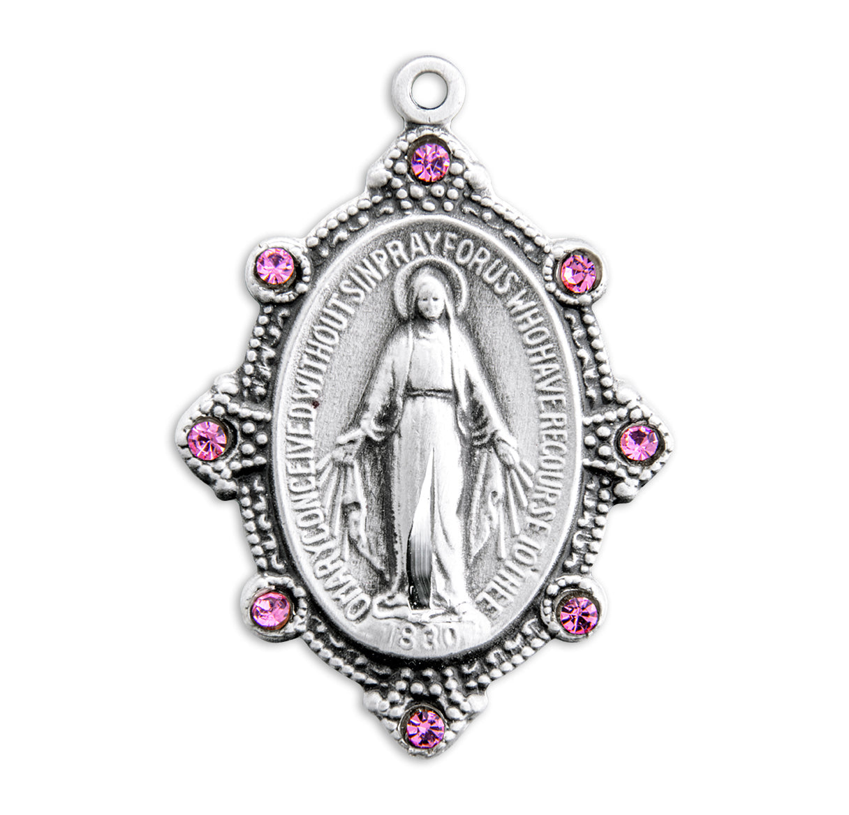 Sterling Silver Oval Miraculous Medal Pendant with Chain Set with Pink Crystals | .925 Silver