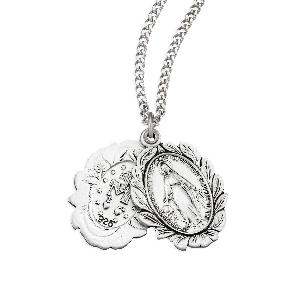 Sterling Silver Double Slide Rose Bud Miraculous Medal Necklace | .925 Silver