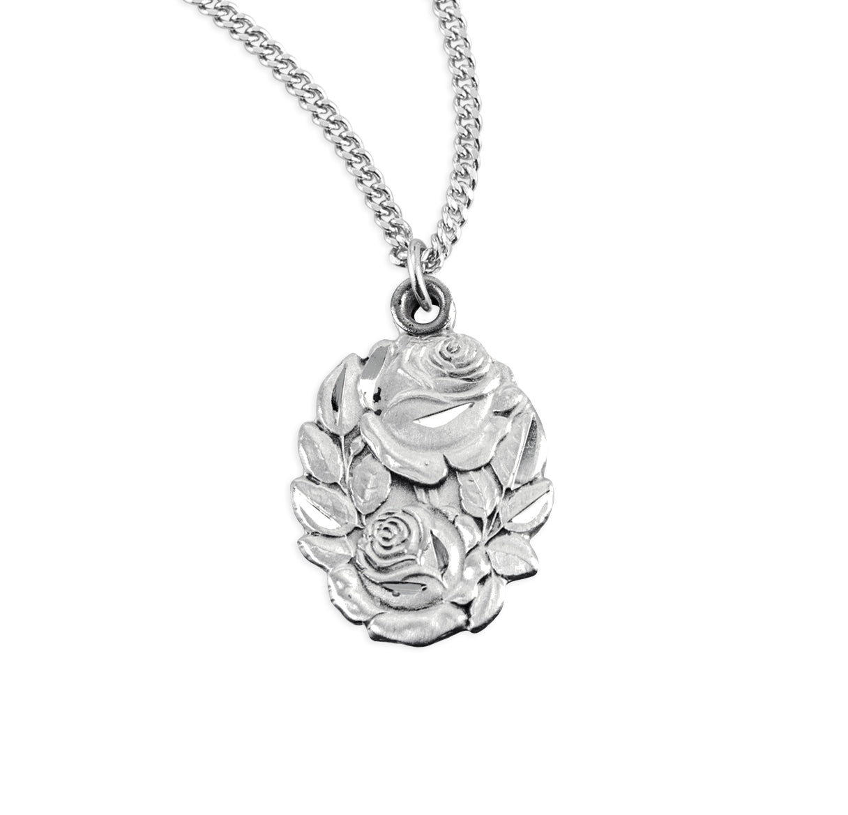 Sterling Silver Double Slide Rose Bud Miraculous Medal Pendant with Chain | .925 Silver