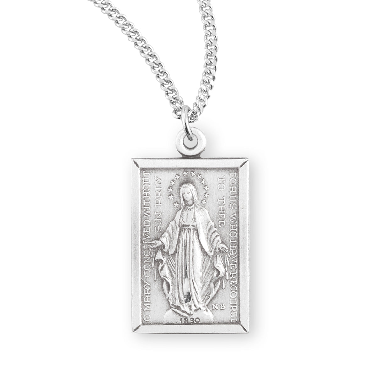 Sterling Silver Rectangular Miraculous Medal Pendant with Chain | .925 Silver