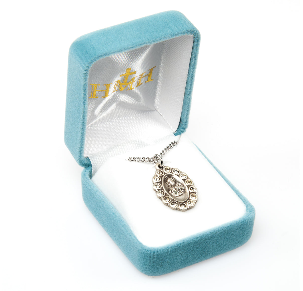 Sterling Silver Scapular Medal Set with Clear Crystals Necklace | .925 Silver
