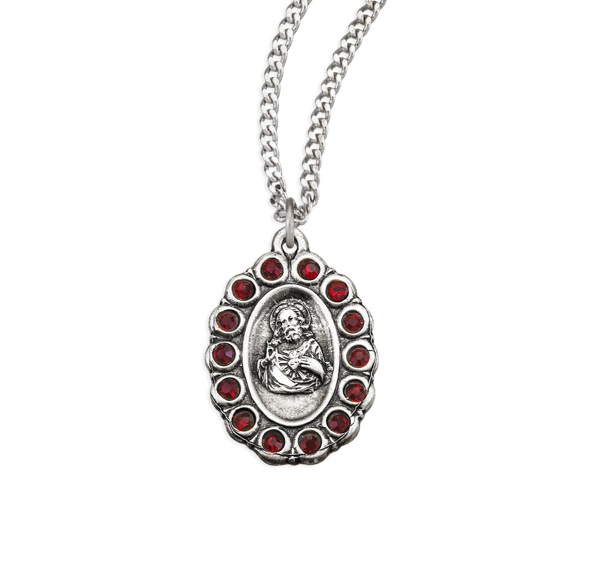 Sterling Silver Scapular Medal Set with Ruby Crystals Necklace | .925 Silver